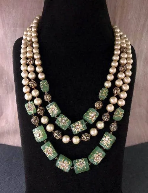 Triple Layered Pearl Precious Stone Necklace