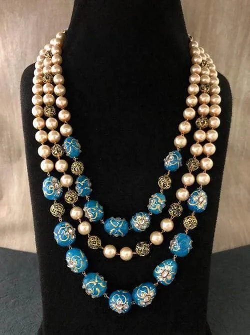 Triple Layered Pearl Precious Stone Necklace