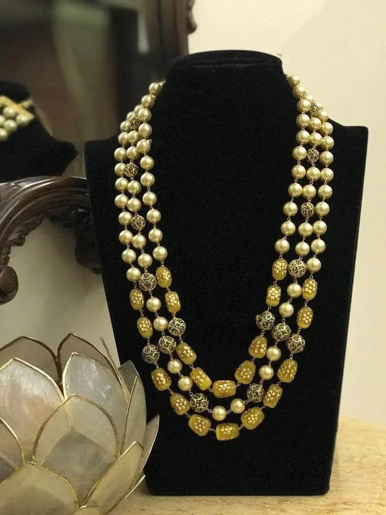 Triple Layered Pearl Precious Stone Necklace