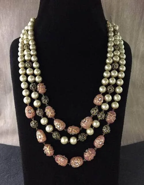 Triple Layered Pearl Precious Stone Necklace