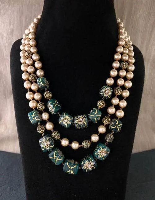 Triple Layered Pearl Precious Stone Necklace