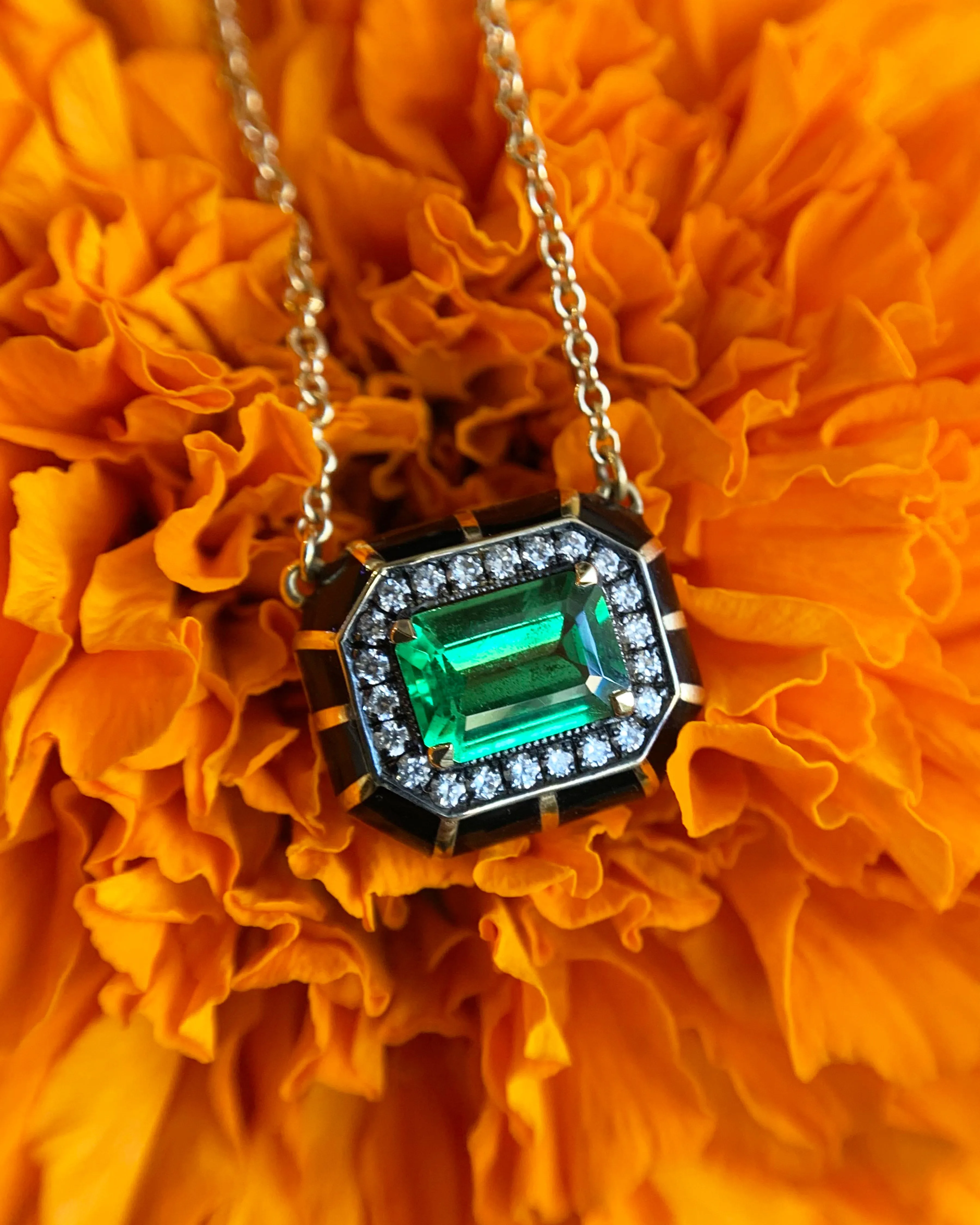 Tsavorite, Diamond, & Enamel Necklace- "Rock Candy Prosperity"