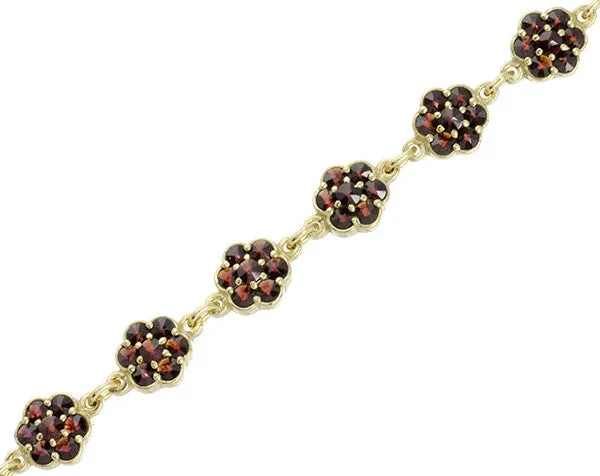 Victorian Flowers Bohemian Garnet Bracelet in Sterling Silver with Yellow Gold Vermeil