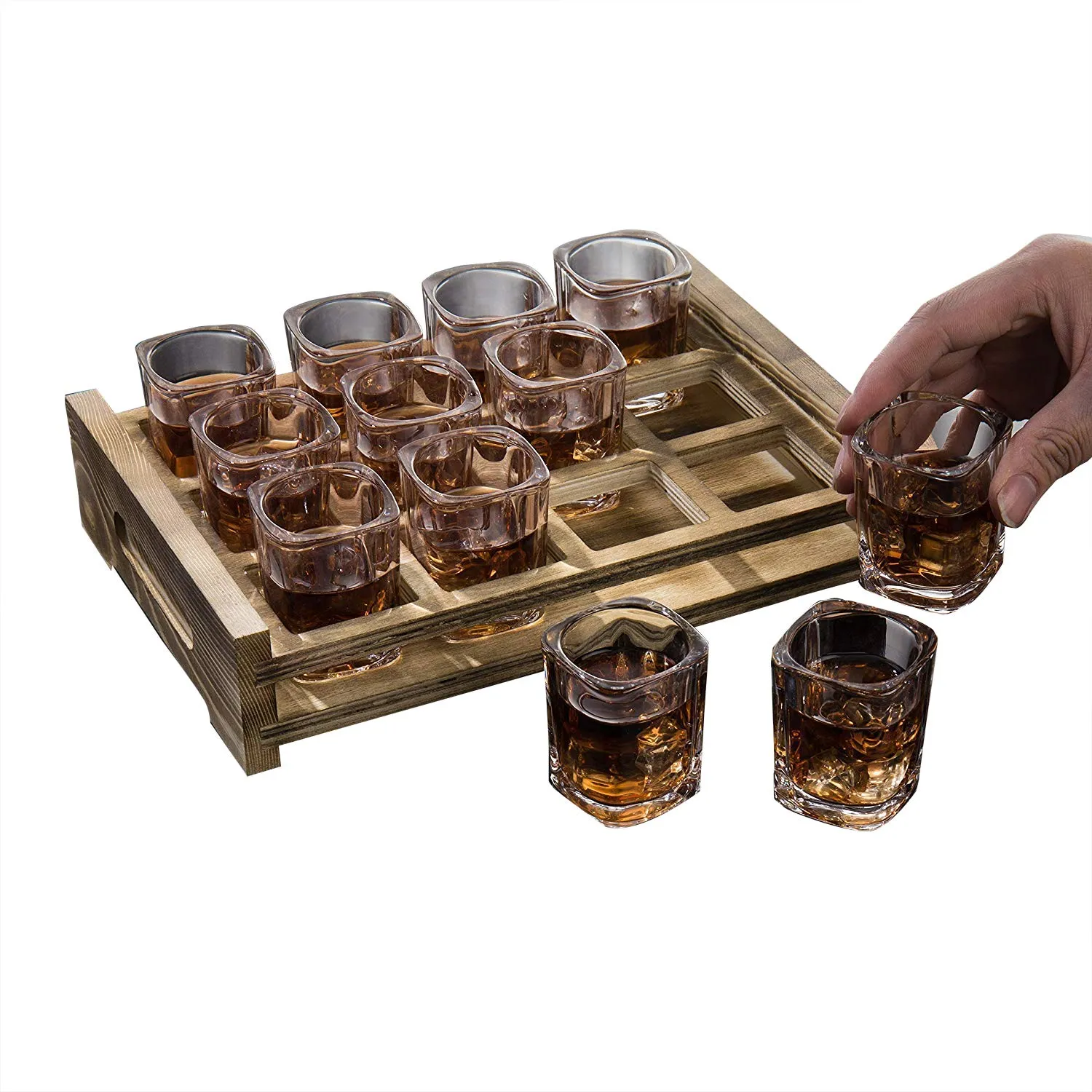 Vilon Premium Heavy Base Shot Glass set 12 | crystal Square Shot Glasses for Party Bar, Vodka & Tequila | 60 ML | TRANSPARENT(Brown tray not include)