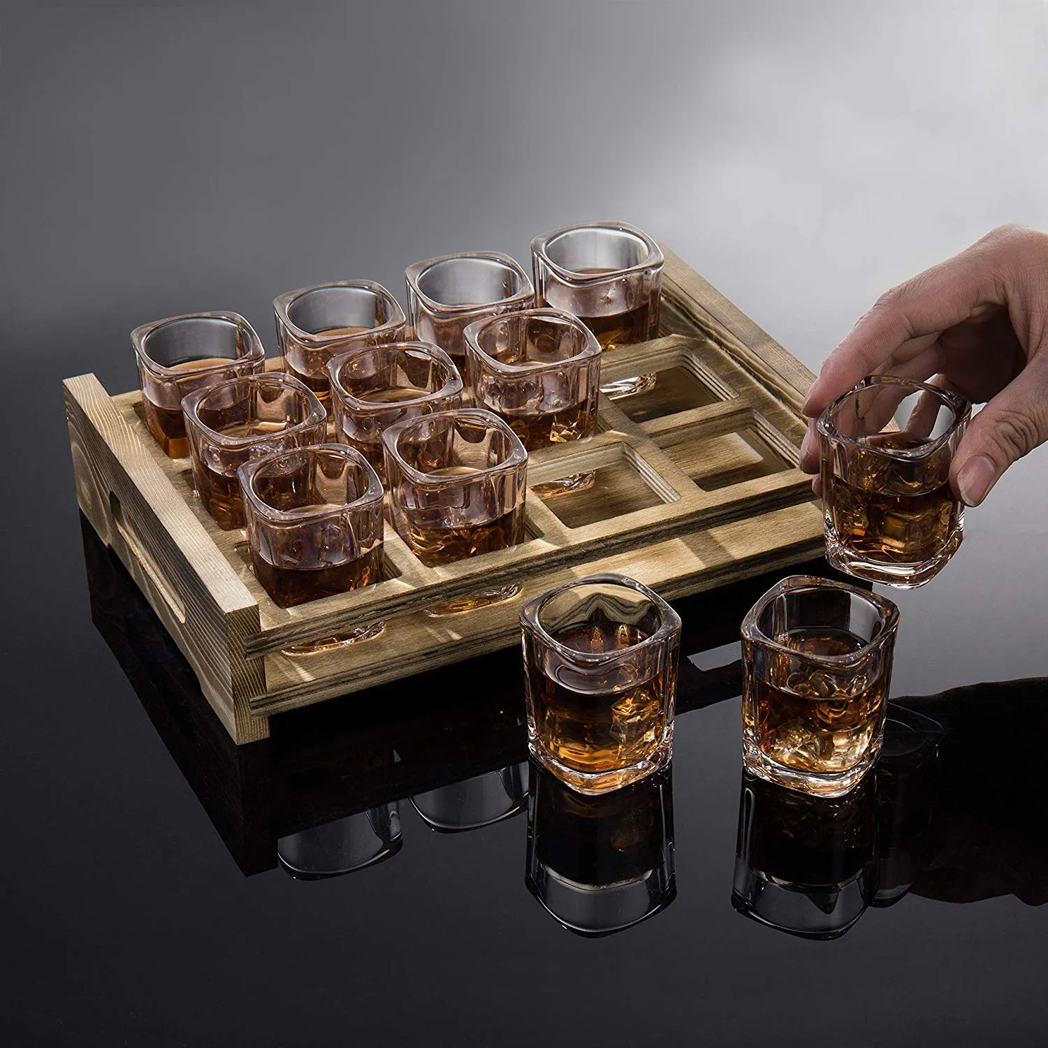 Vilon Premium Heavy Base Shot Glass set 12 | crystal Square Shot Glasses for Party Bar, Vodka & Tequila | 60 ML | TRANSPARENT(Brown tray not include)