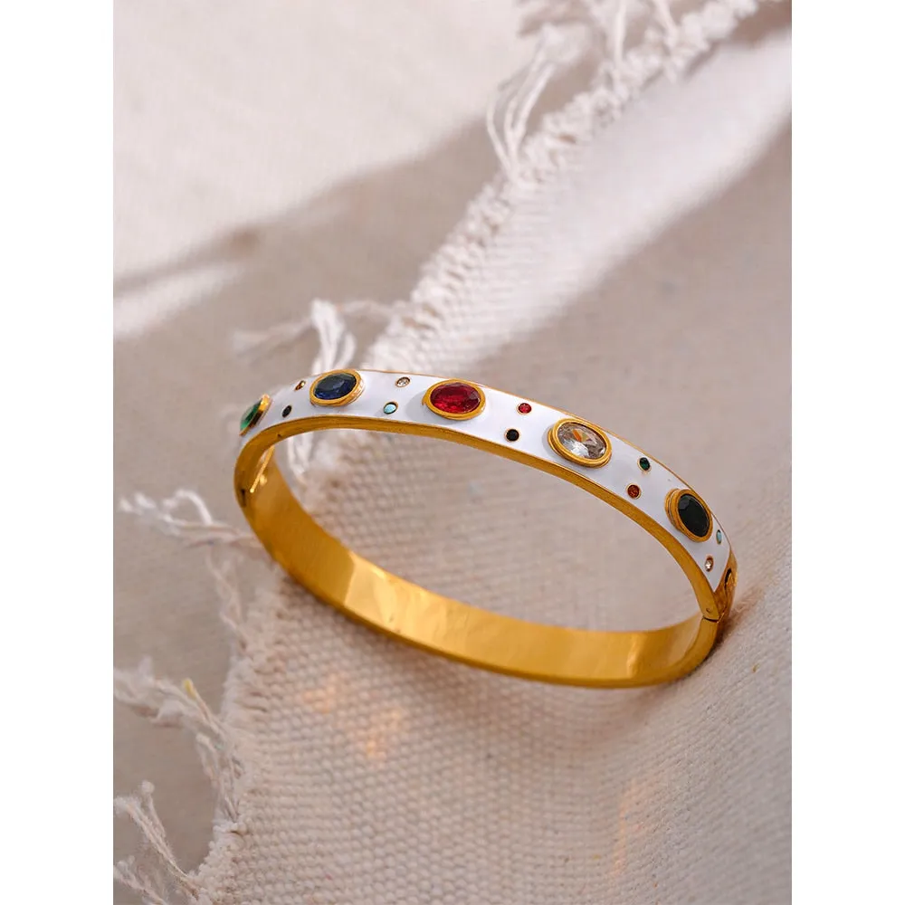 White Enamel Hinged Bangle Bracelet with CZ Accents