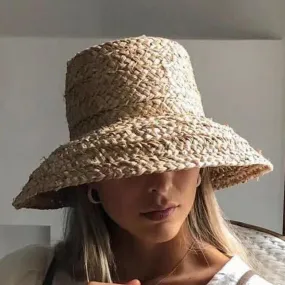 Wide Brim Raffia Beach Hats Flat Summer Sun Hat Ladies UV Bucket