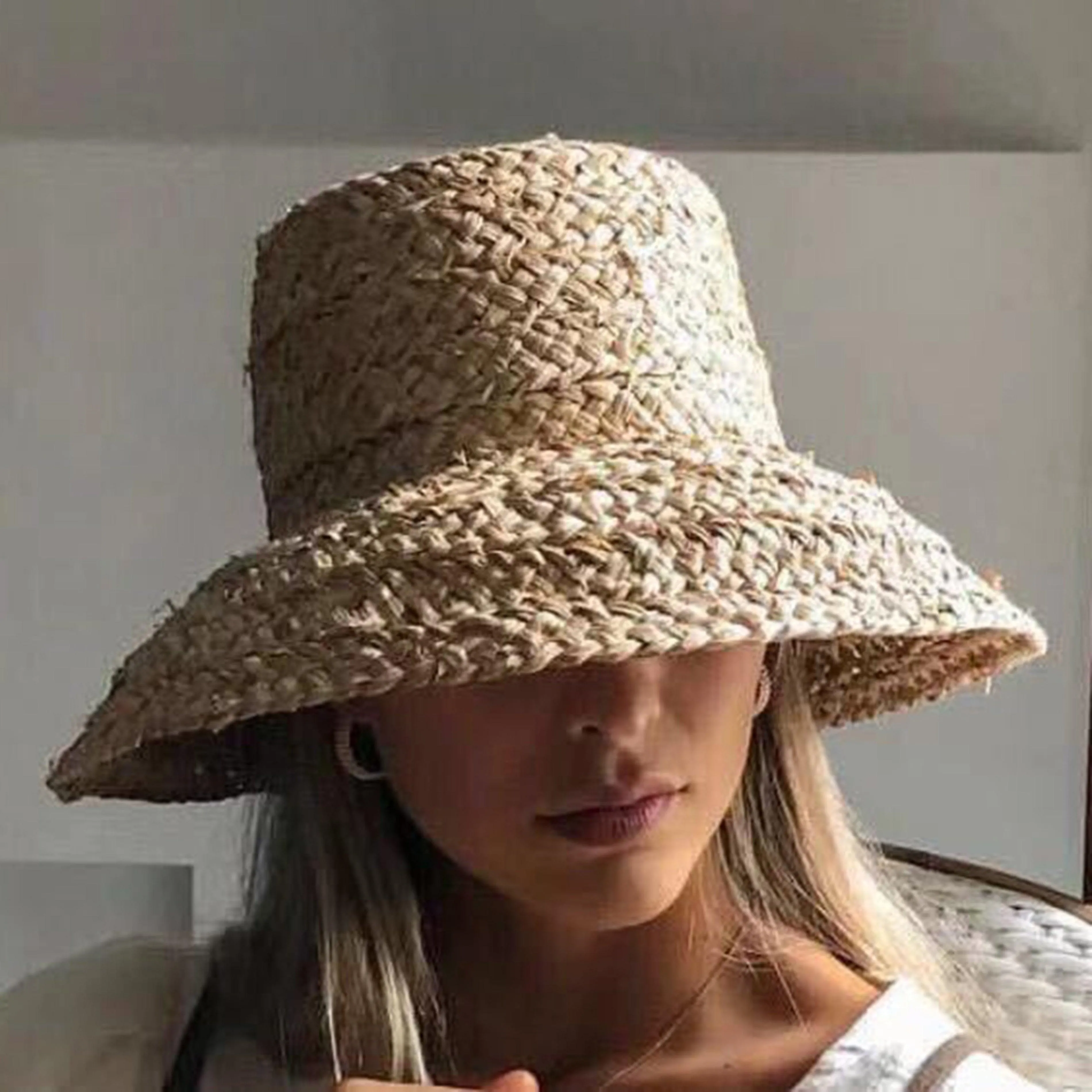 Wide Brim Raffia Beach Hats Flat Summer Sun Hat Ladies UV Bucket