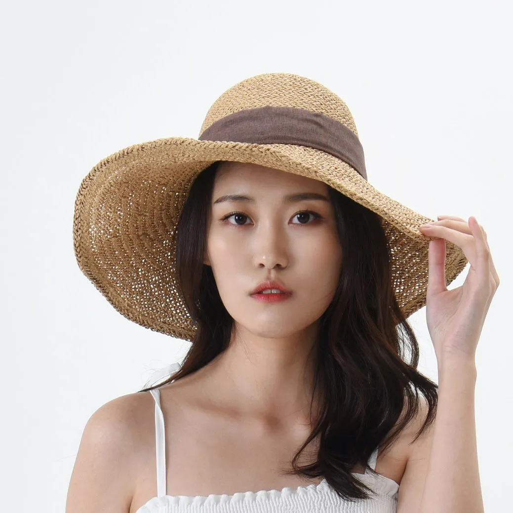 Women Floppy Flanging Straw Sun Hat Summer Beach Cap Wide Brim Ribbon CR9979