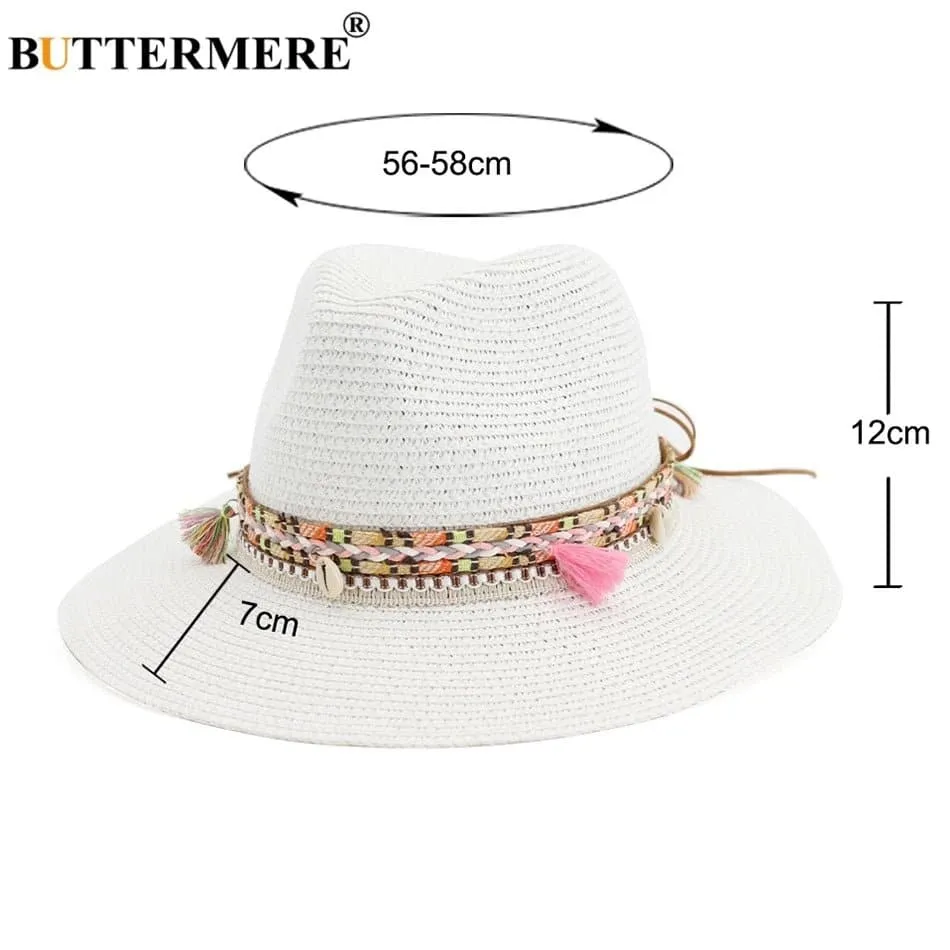 Women Straw Sun Hat - Buttermere Casual Beach Hat with Tassel, Solid Color, 56-58cm Size