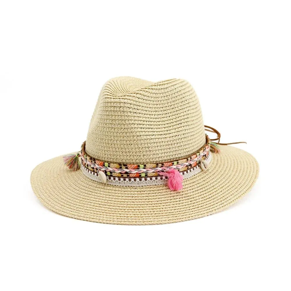 Women Straw Sun Hat - Buttermere Casual Beach Hat with Tassel, Solid Color, 56-58cm Size