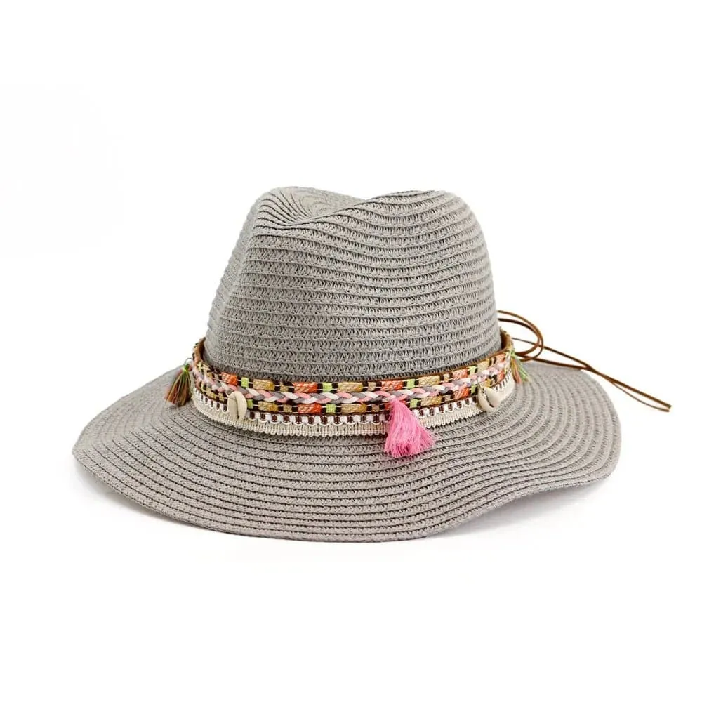 Women Straw Sun Hat - Buttermere Casual Beach Hat with Tassel, Solid Color, 56-58cm Size