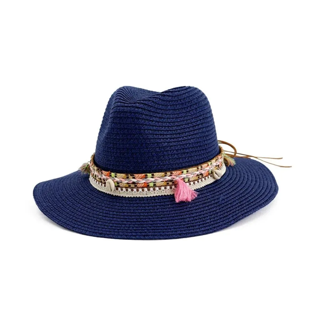 Women Straw Sun Hat - Buttermere Casual Beach Hat with Tassel, Solid Color, 56-58cm Size