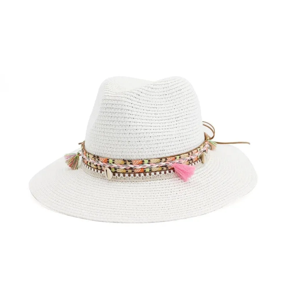 Women Straw Sun Hat - Buttermere Casual Beach Hat with Tassel, Solid Color, 56-58cm Size