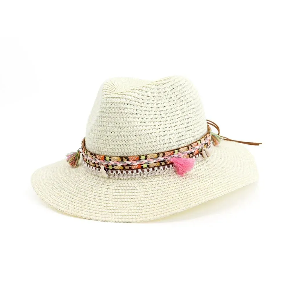 Women Straw Sun Hat - Buttermere Casual Beach Hat with Tassel, Solid Color, 56-58cm Size