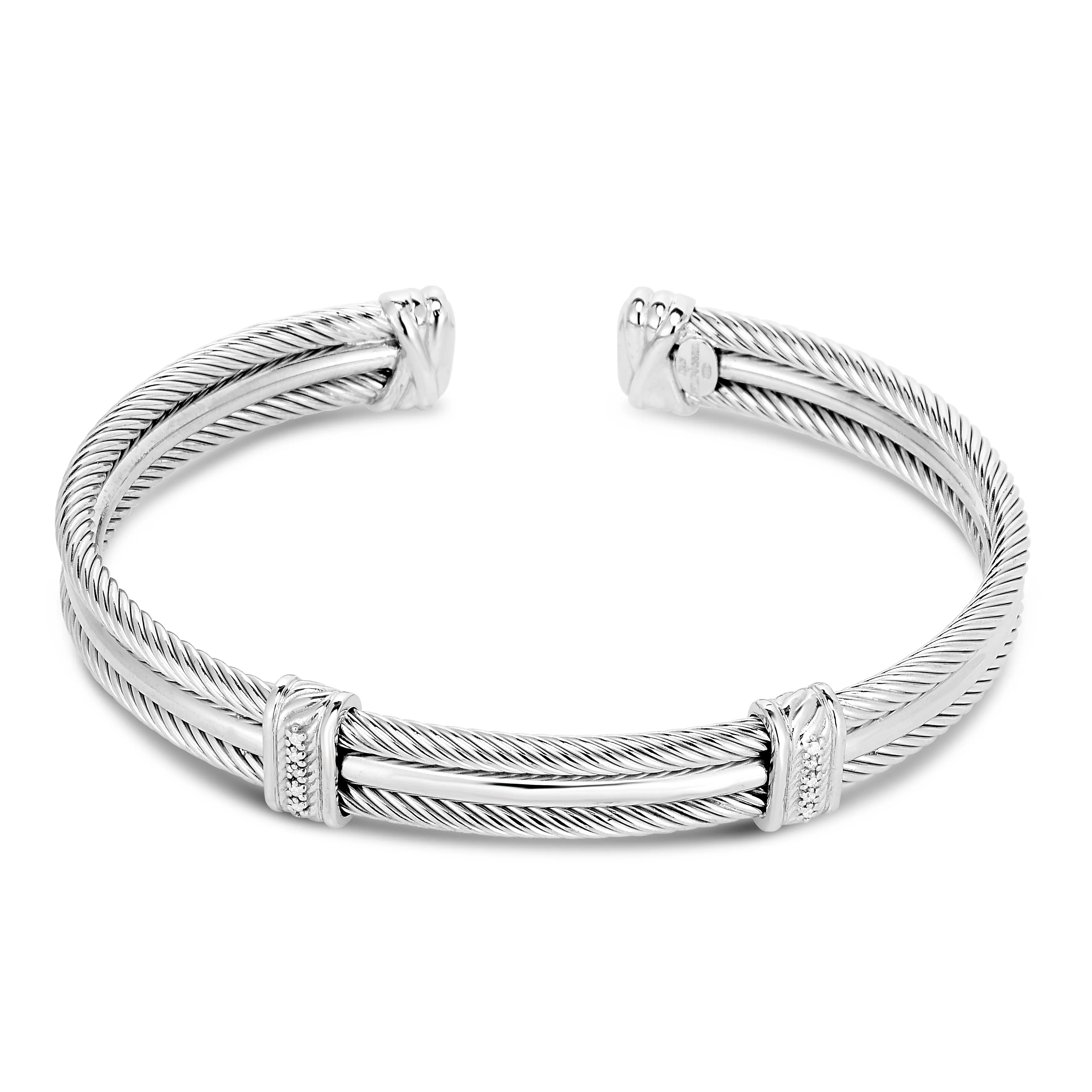 Women's Silver Rhodium 11.6Mm3 -Row Cuff Bangle W 0.05Ct