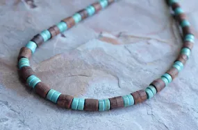 Wood Brown Blue Turquoise Men Surfer Wooden Necklace - Dennis