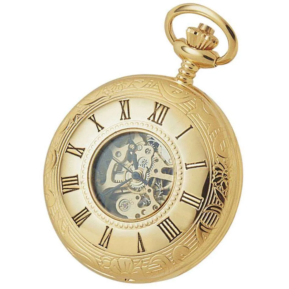 Woodford Gold Plated Double Half Hunter Skeleton Spring Wound Pocket Watch - Gold