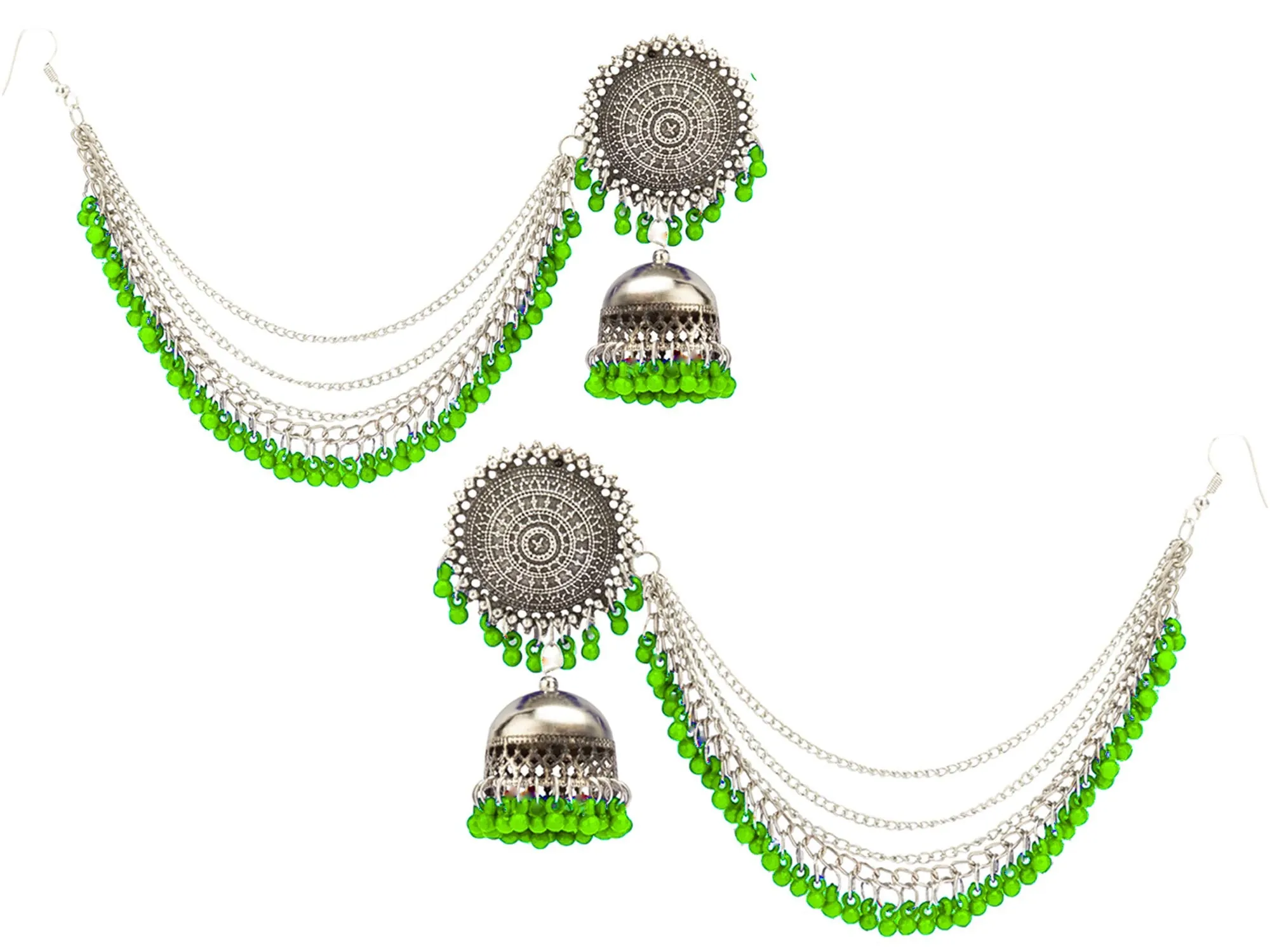 Yellow Chimes German Oxidised Silver Antique Traditional Maang Tikka with Earrings Jewellery Set for Women and Girls (Green)